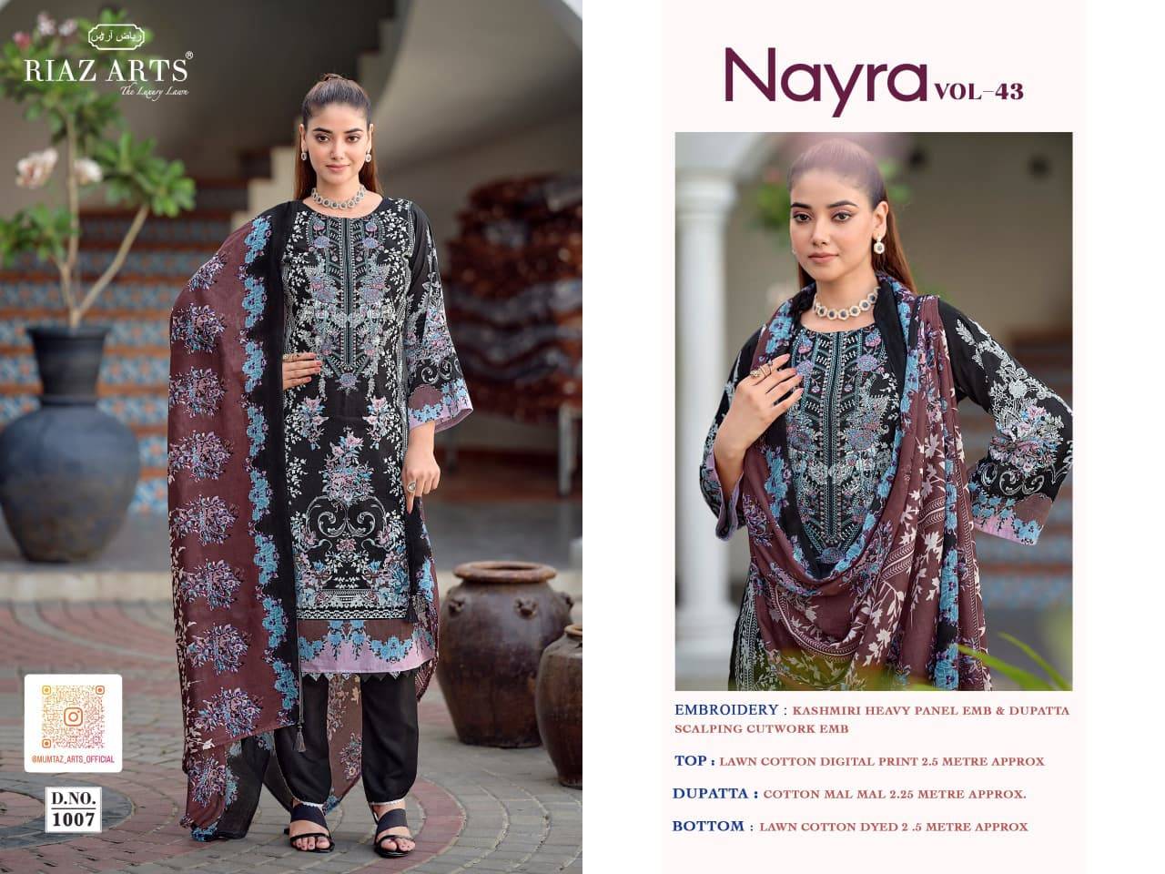 NAYRA VOL 43 BY RIAZ ARTS 1001 To 1008 Series Pakistani Suits Ethnic Wear Pure Cotton Dresses At Wholesale